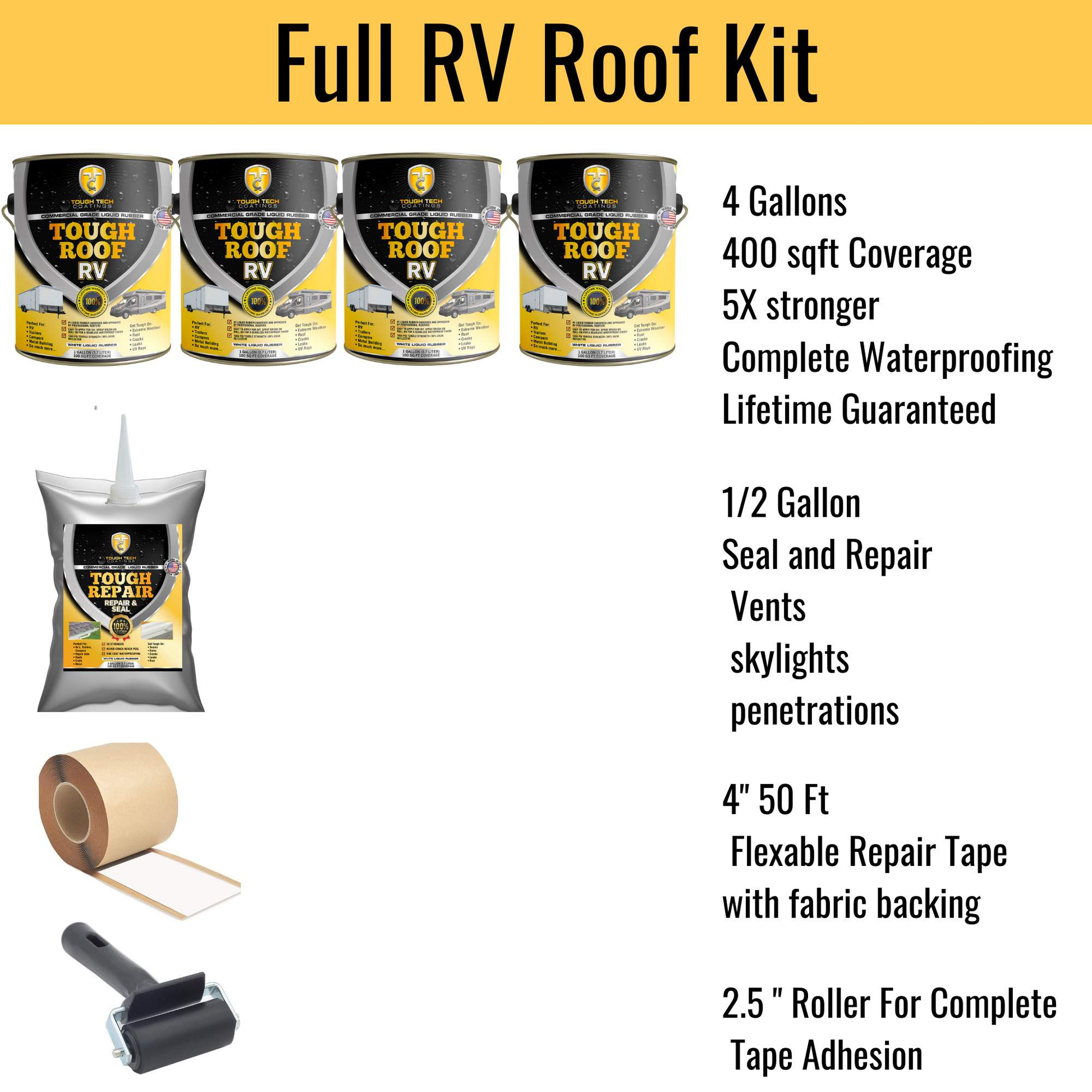 ToughGrade RV Roof Repair Kit  1 Gallon Flex Coat + 4 Tubes Tough Sea –